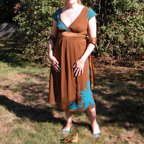 Lotta Stensson Formal Dress, rich brown color with turquoise trim - Picture 1 of 8